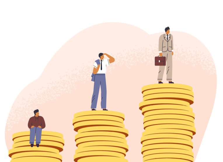 Three people atop increasingly taller stacks of coins. The first person is casually dressed and sitting, the second is in a shirt and tie and looking at the thrid person, who's in a business suit carrying a briefcase. Illustration: Good Studio/stock.adobe.com.