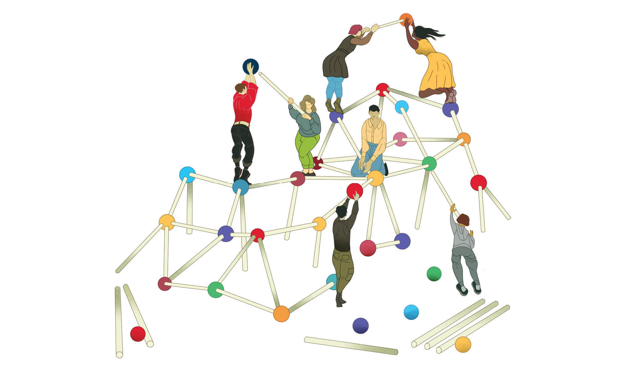Seven people putting together what looks like a play structure made of Tinkertoy-like pieces of rods and balls.