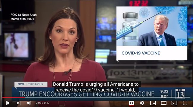A screenshot of a Fox News interview showing former President Trump urging Americans to get the COVID-19 vaccine. 