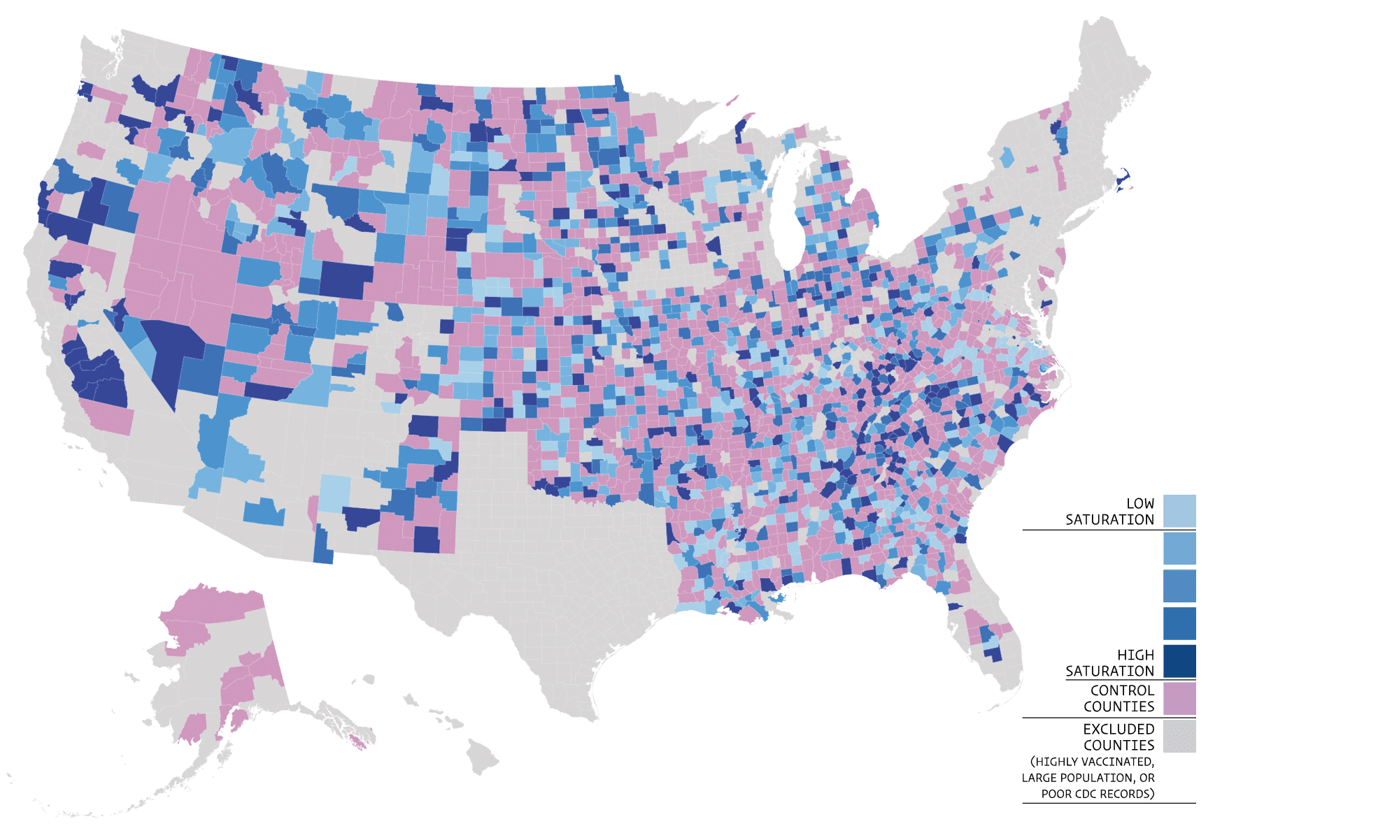 Map of the United States with counties colored to show one of the following: low saturation, high saturation, control counties, or excluded counties (because of high vaccination rates, large population, or poor CDC records).