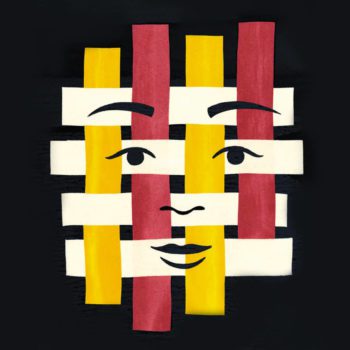Yellow, red, and white strips in a basket-weave pattern with a face overlaid onto it.