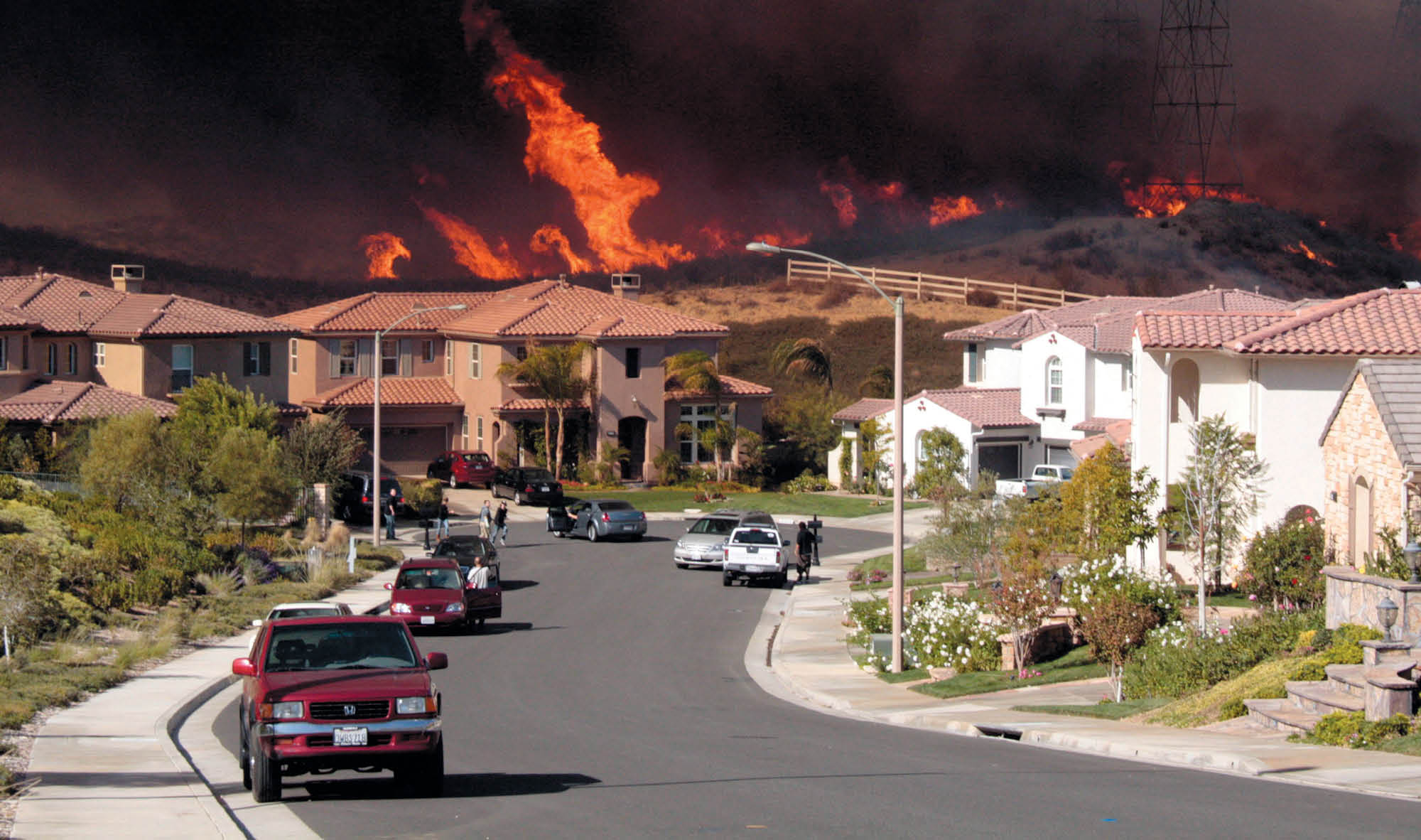Southern California houses threatened by wildfires, October 2007.