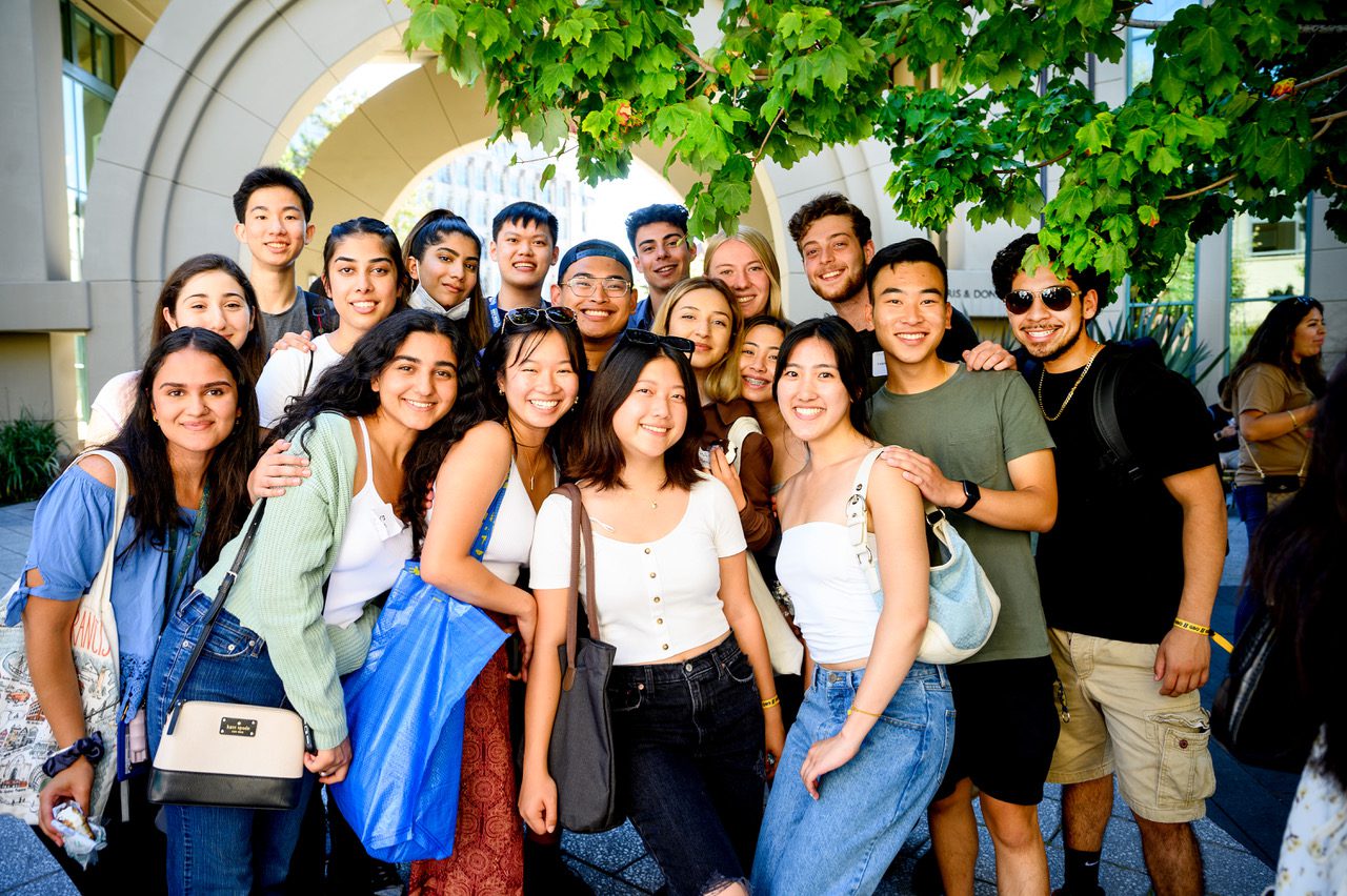 Undergraduate students in the Haas courtyard