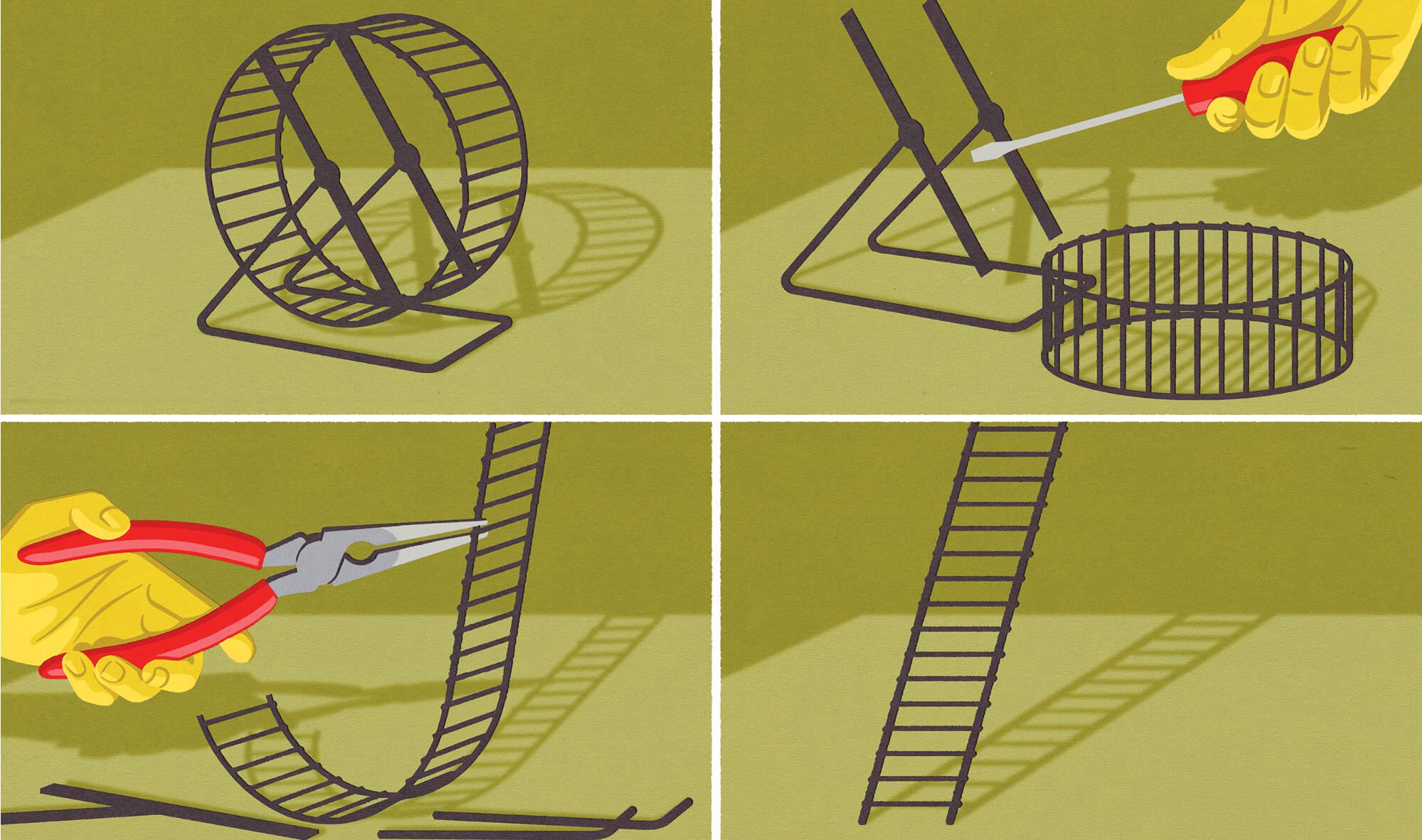 Four pictures showing a hamster wheel being transfomed into a ladder.