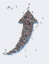 Overhead shot of an arrow made of individual people.