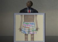 Illustration of a man in suit behind an x-ray machine that shows his boxer shorts