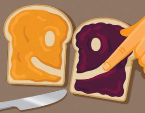Two sides of a peanut butter and jelly sandwich smiling at one another.