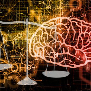 Illustration showing scales of justice and a human brain with an orange and yellow background. Illustration: iStock.
