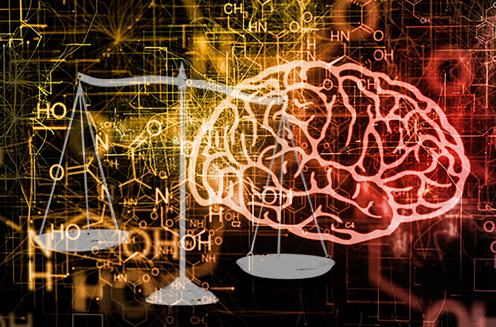 Illustration showing scales of justice and a human brain with an orange and yellow background.