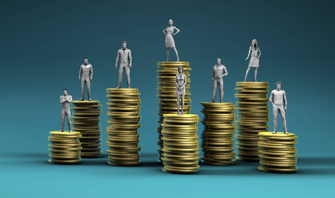 People standing on stacks of coins of differing heights.