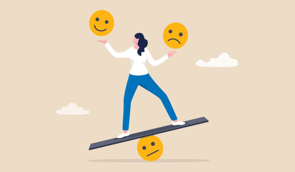 Woman on a balance board juggling a happy face and sad face emoji in either hand. The board sits on a neutral face emoji.