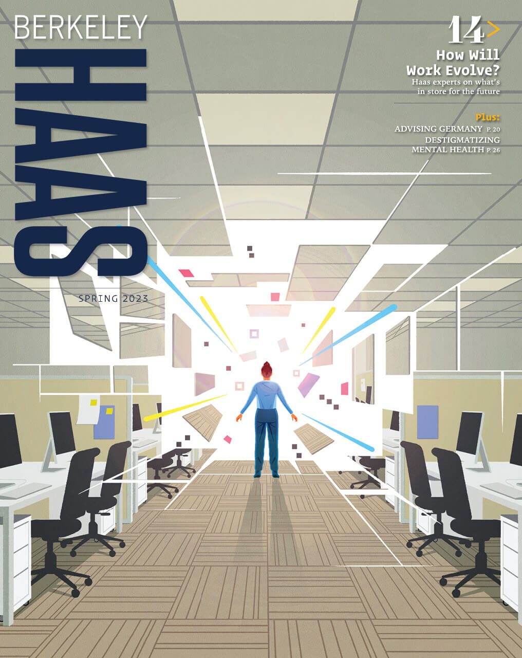 Cover of the spring issue of Berkeley Haas magazine showing one wall of an office breaking up.