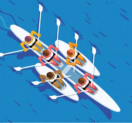 A three-person shell with a one-person shell on either side, with all people rowing in sync.