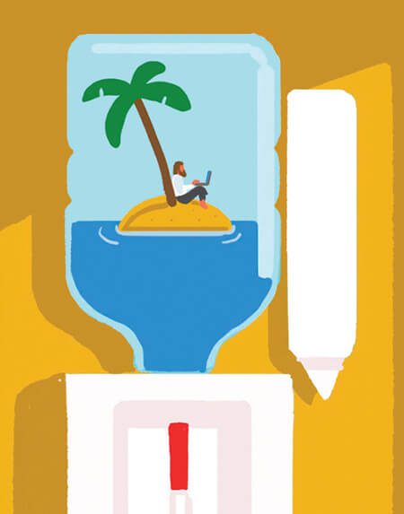 Man floating on an island in a water cooler.