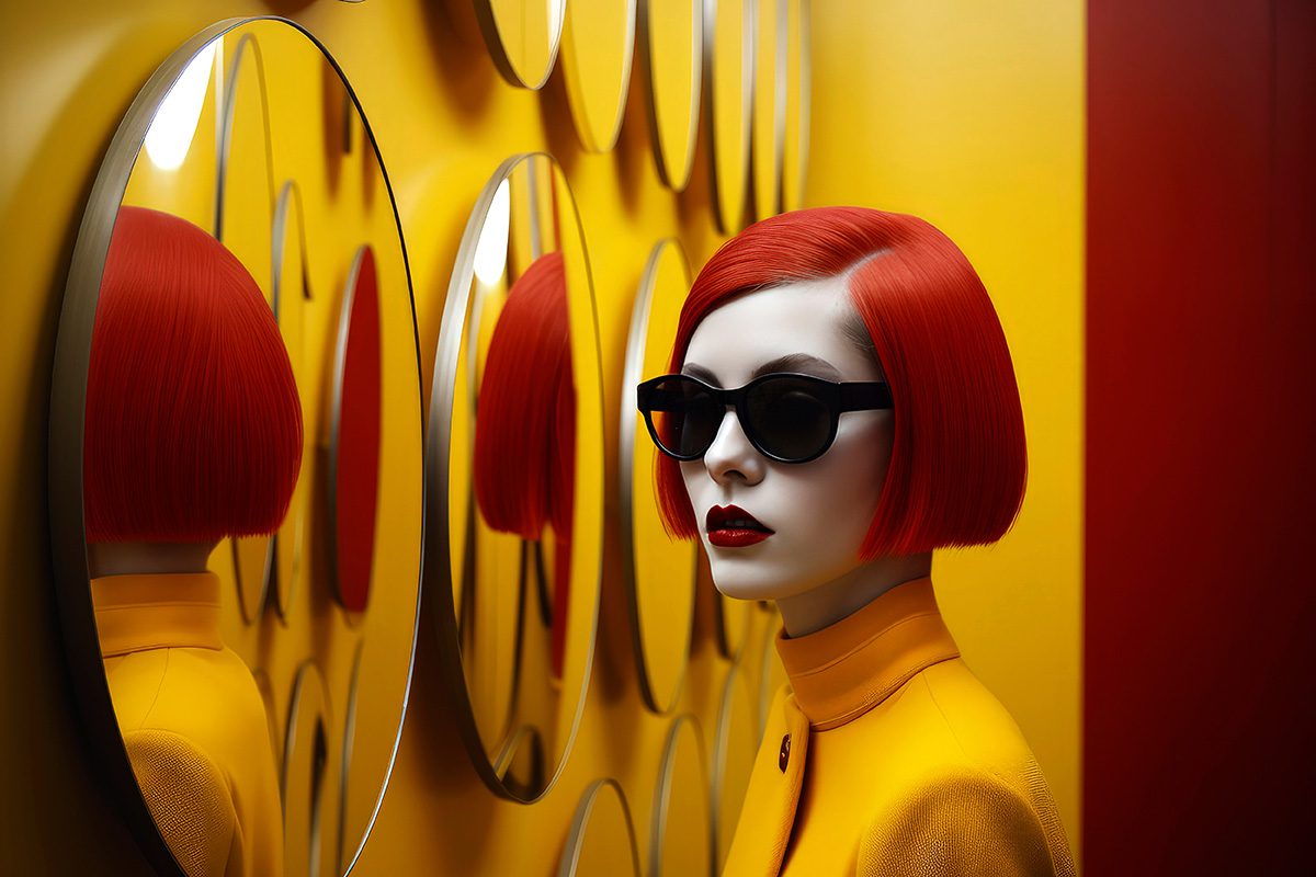 Generative AI illustration of A beautiful pensive young woman in yellow clothes with red hair wearing a set of futuristic sunglasses on yellow background with mirrors