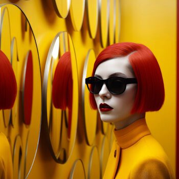 Generative AI illustration of A beautiful young female in yellow clothes with red hair wearing a set of futuristic sunglasses on yellow background with mirrors. Fashion concept