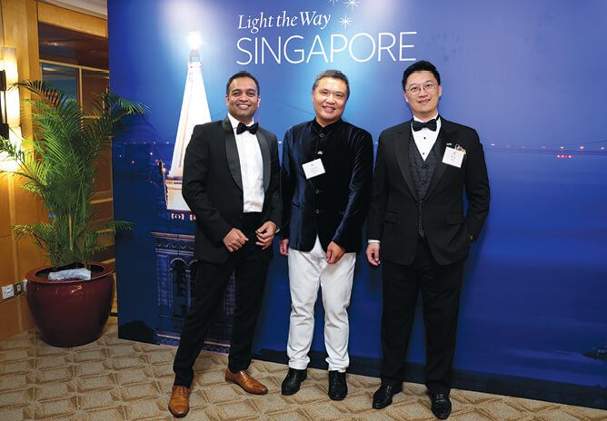 Light the Way Singapore Berkeley Ball & Academic Forum Regional alumni leader Vivek Jadhav, MFE 07; UC Berkeley Foundation Trustee Charles Huang, BA 93 (economics & Asian studies); and Rocky Lee, BA 96 (legal studies).