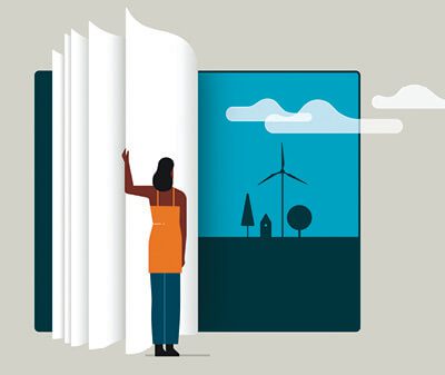 Woman turning the page of a giant book that looks out at 2 trees, a house, and a wind turbine.