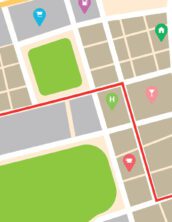 Stock illustration of a generic online map, showing a start line marked by an arrow, a red line traversing three streets, and a finish line marked with a location icon.