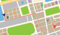 Stock illustration of a generic online map, showing a start line marked by an arrow, a red line traversing three streets, and a finish line marked with a location icon.