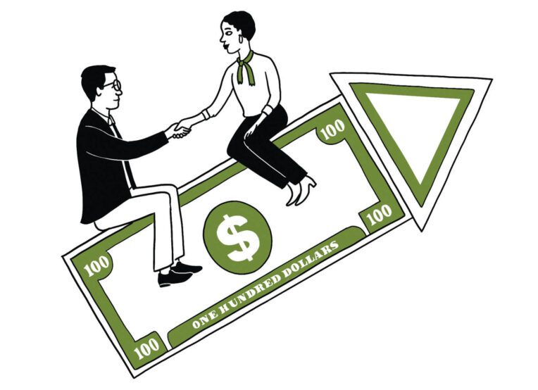 A man and woman shaking hands while sitting on a rocket fashioned out of a 100-dollar bill. The rocket is pointed upwards.