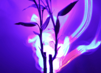Bamboo plant with leaves against purple backdrop. With a colorful pink aura around it.
