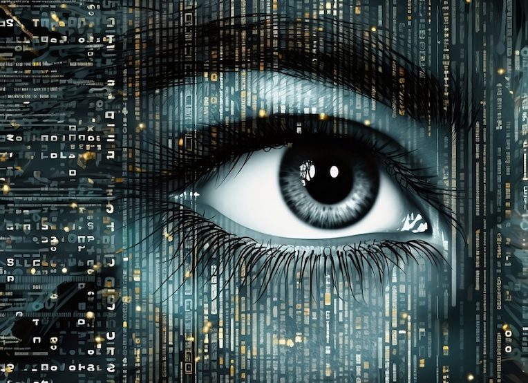 a human eye with computer code