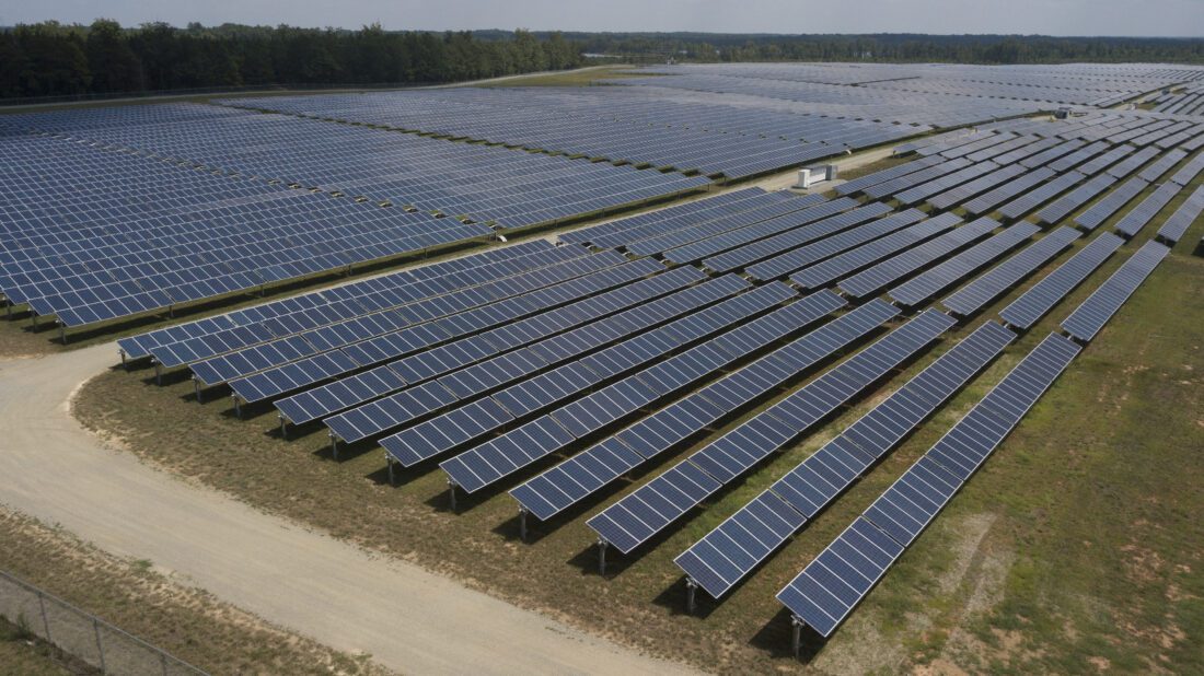 Aerial view of a massive array of solar panels