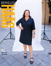 Cover of the Fall 2023 issue of Berkeley Haas magazine showing Dean Harrison in a photoshoot on campus