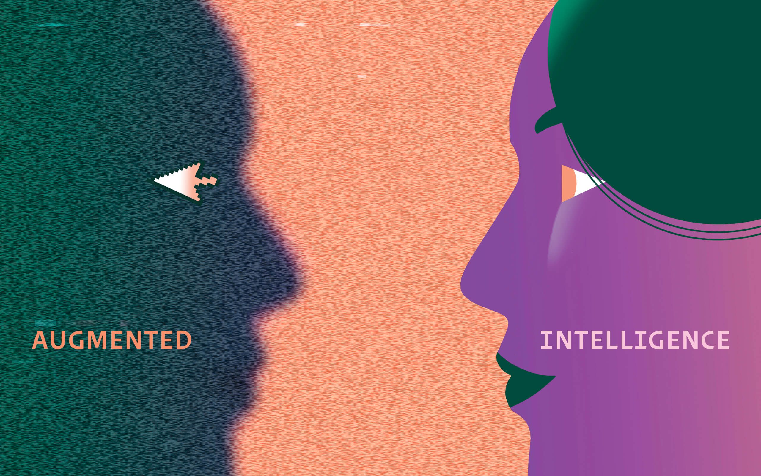 Illustration of two faces facing each other. The one on the right has a real eye. The one on the left has a computer pointer for an eye, indicating it's computer generated. The words Augmented Intelligence are overlaid onto the faces.