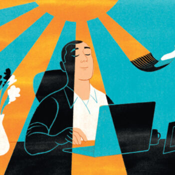 Illustration of man sitting at work desk with sunlight being painted upon him.