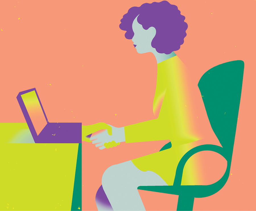Illustration of woman at a laptop shaking a hand coming out of the computer.