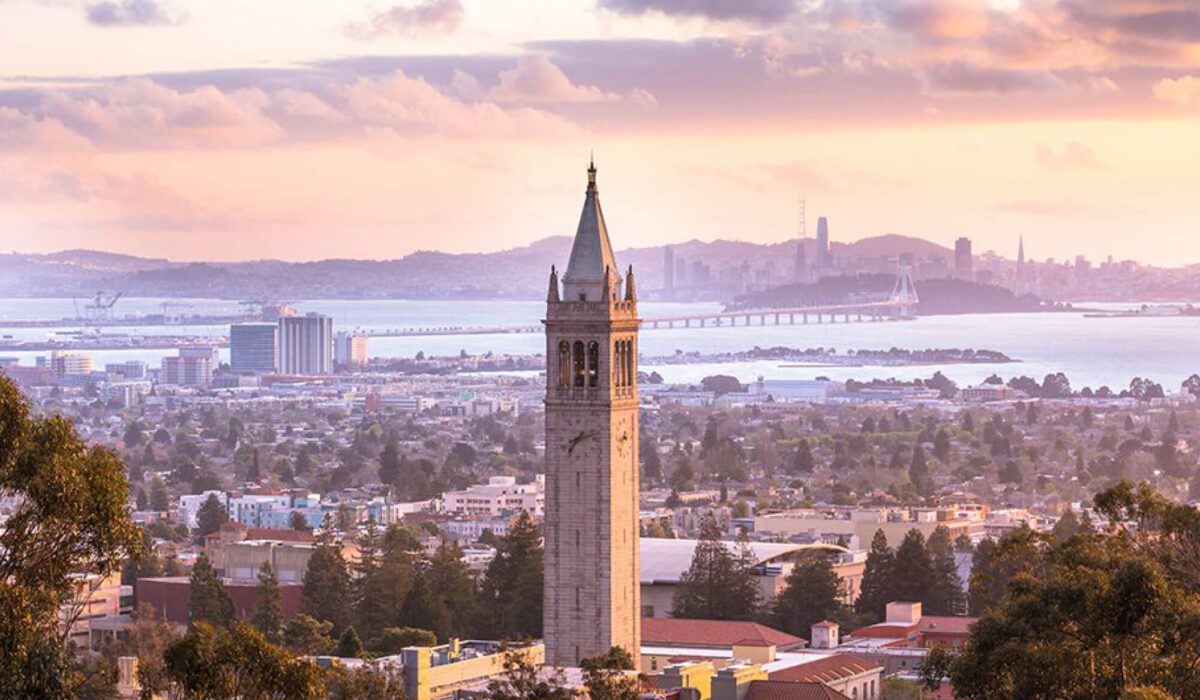 Image of campus and the Campanile with the Bay in the distance.