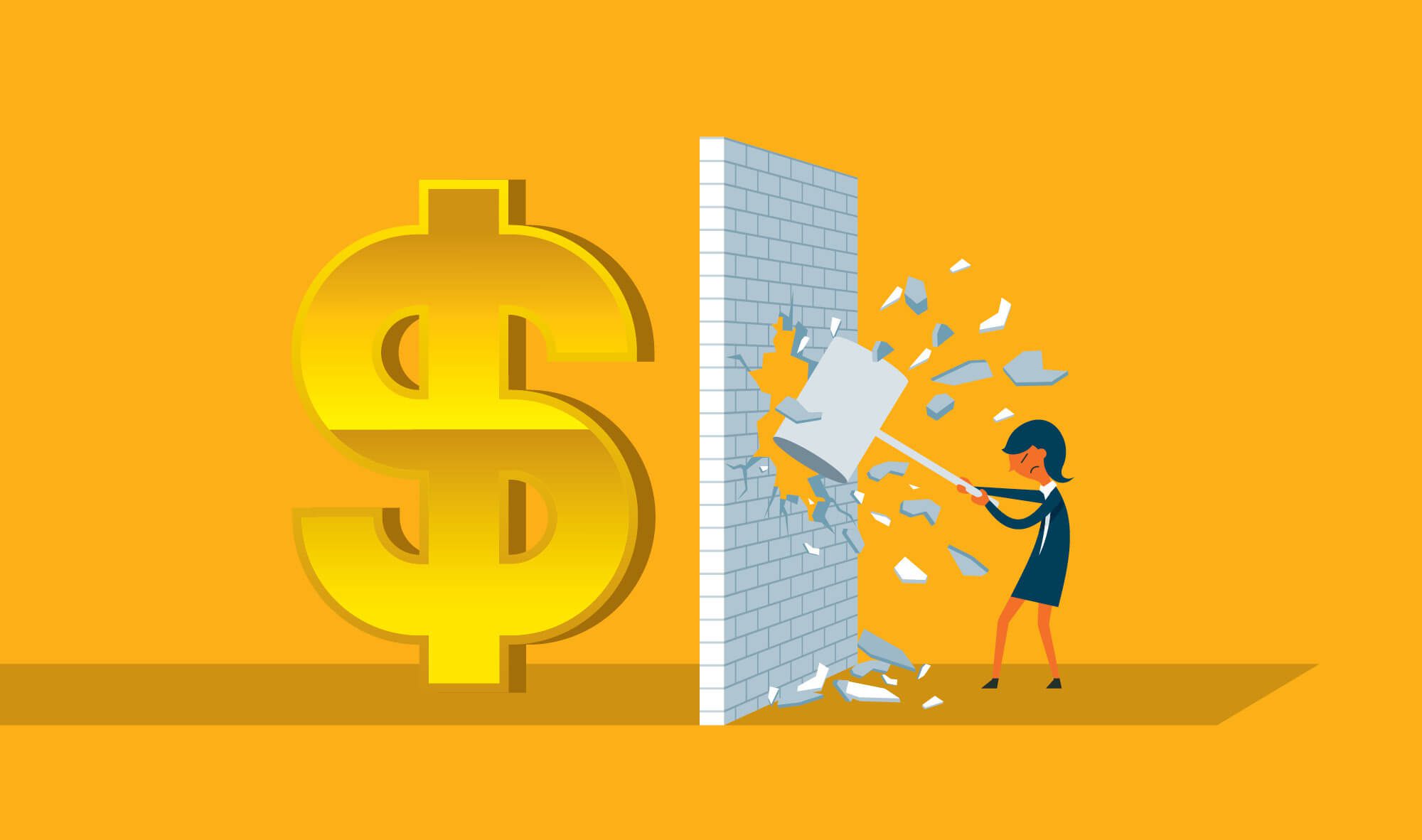Illustration of woman breaking through a cinder block wall to reach a large dollar sign.