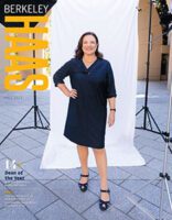 Cover of fall 2023 issue of Berkeley Haas magazine featuring Dean Ann Harrison standing in front of a white screen.