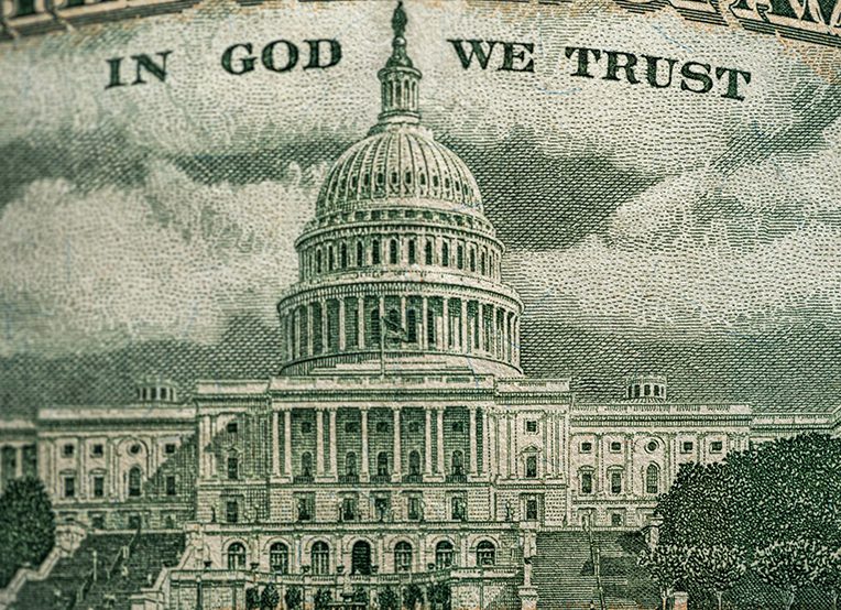 Closeup of the United States Capitol on a 50 dollar bill