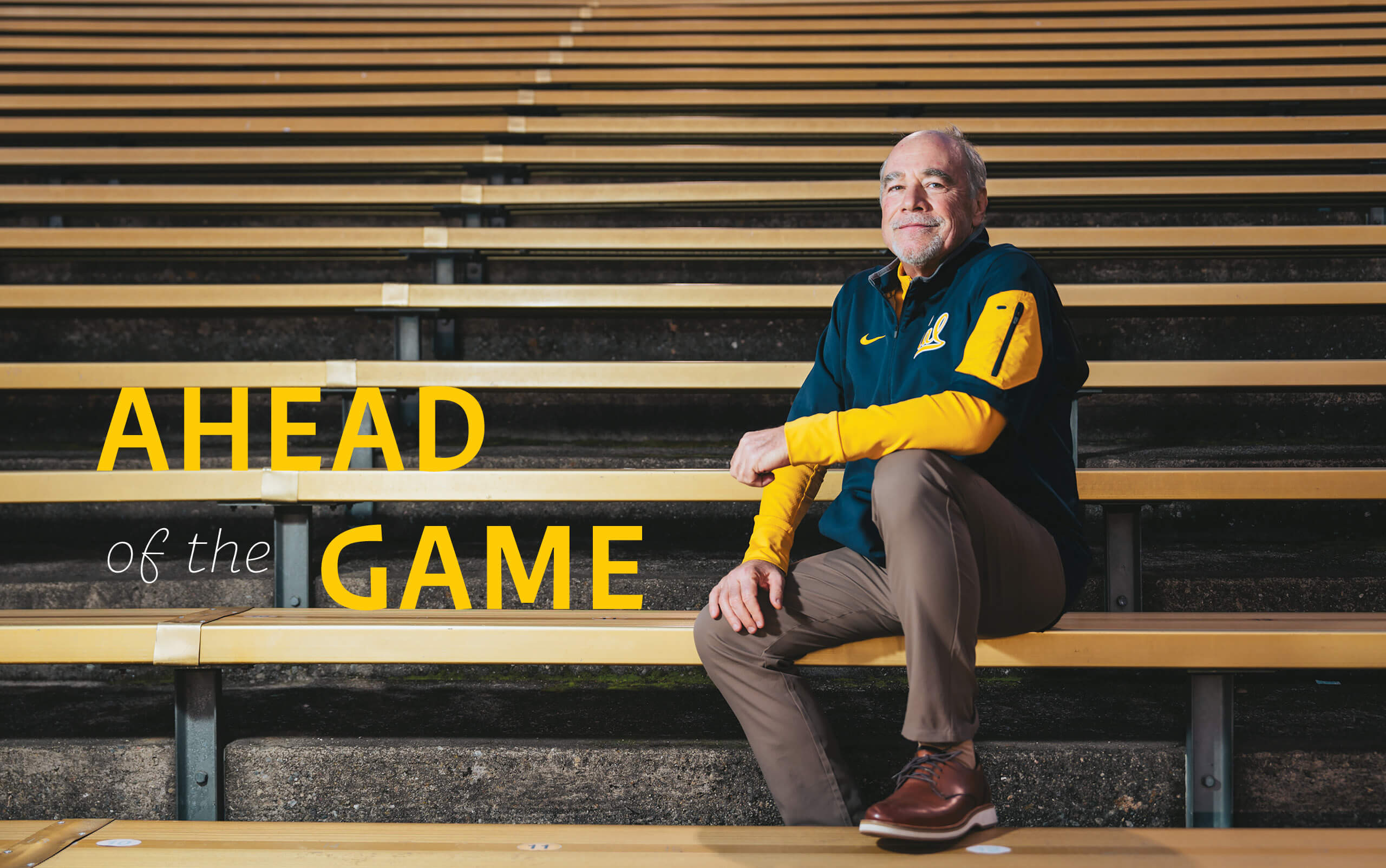Man sitting on gold bleachers wearing a Cal shirt. The text on the image reads: Ahead of the game.