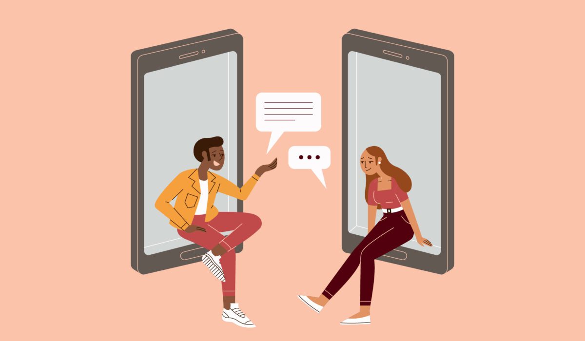Illustration of two people sitting on cell phones as if on adjacent window sills talking.