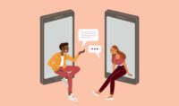 Illustration of two people sitting on cell phones as if on adjacent window sills talking. Credit: istock.