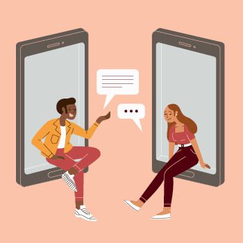 Illustration of two people sitting on cell phones as if on adjacent window sills talking.