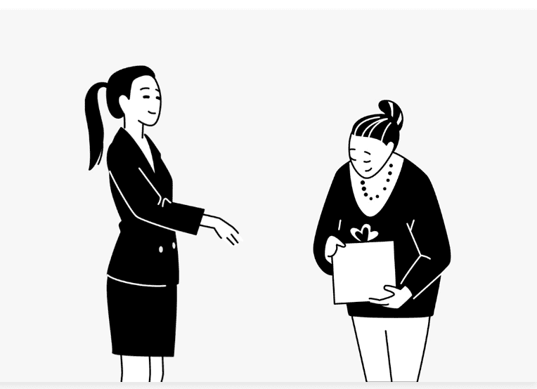 A black and white drawing of two professional women. The woman on the right is holding a gift box.