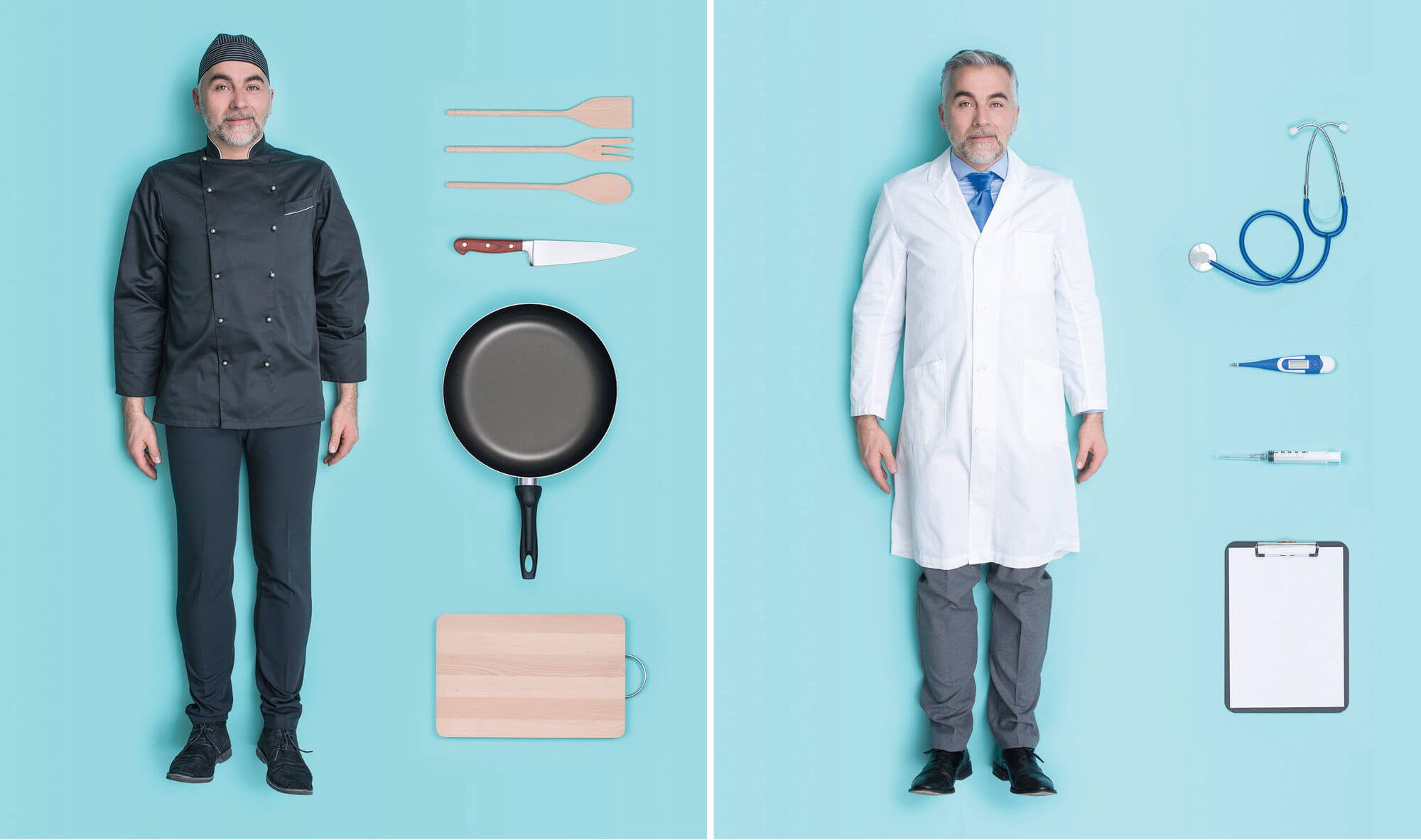 Man in first block is dressed as chef and in the second block as a doctor. Credit: istock.