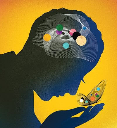 Silhouette of the side of a person with a brain illustrated with swirling and intersecting lines and balls meant to represent technology. The person is looking at a butterfly made with the same swirling lines and balls.