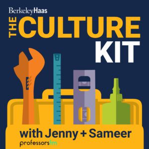 Illustration shows a toolkit with monkey wrench, tape measure, level, and clue. Text reads The Culture Kit with Jenny & Sameer.