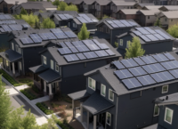 Rows of homes with solar paneling on the roofs.