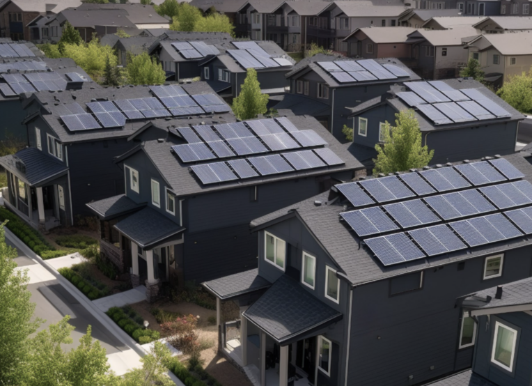 Rows of homes with solar paneling on the roofs.