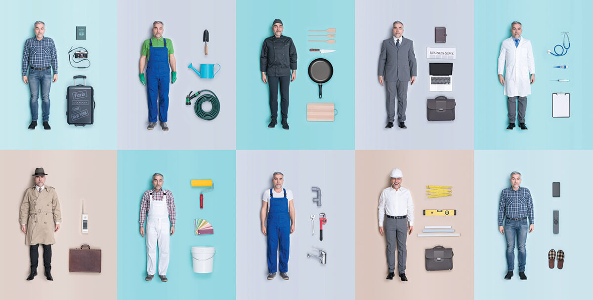 Ten images of the same man dressed in clothing representing different careers. Clockwise from top left the careers are: traveler, gardener, chef, business executive, doctor, spy, painter, plumber, construction worker, and lounger. Next to each images are objects indicative of that role.