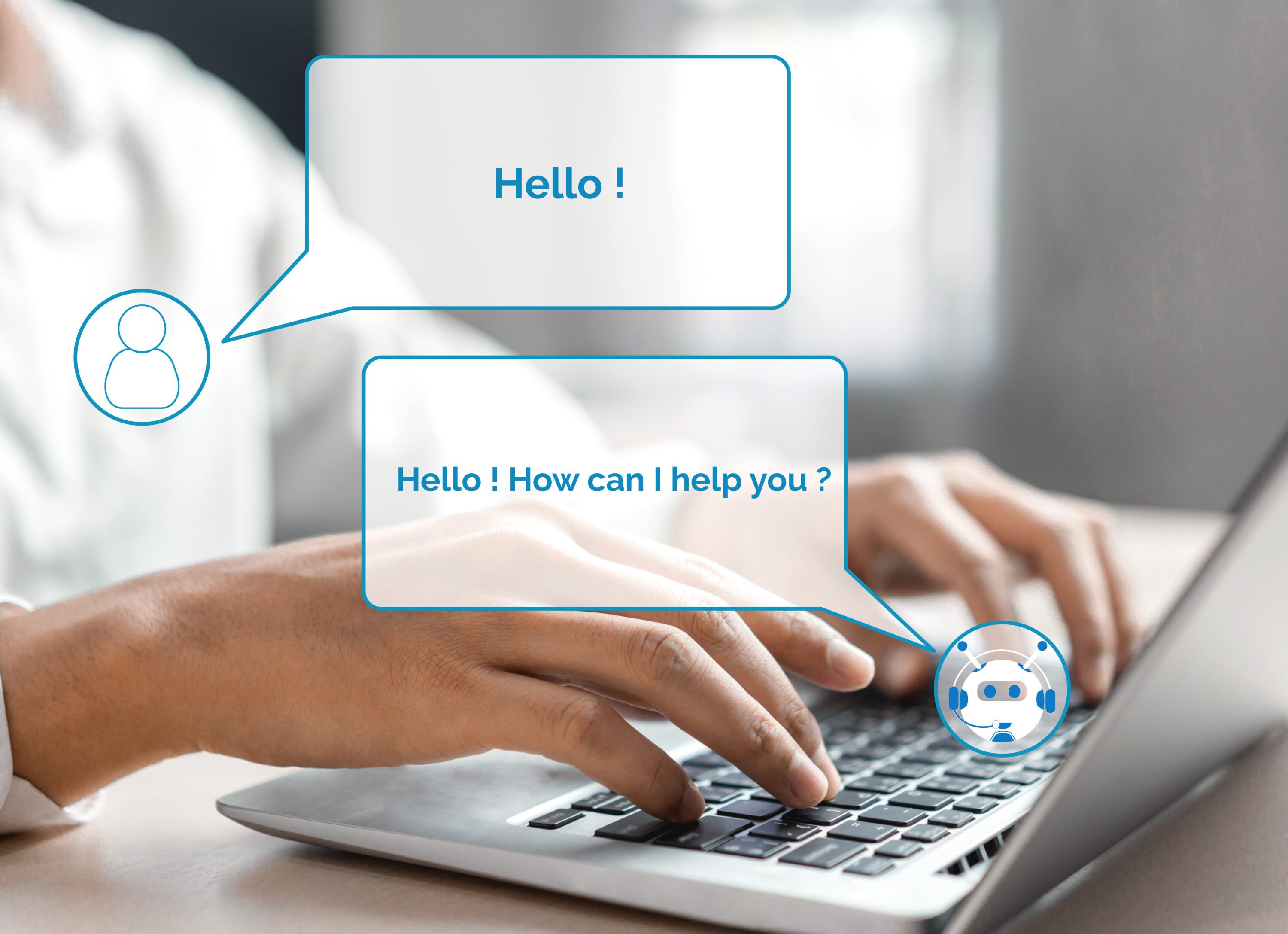 A man's hands are typing on a laptop with an AI Chatbot. Speech bubbles say: Hello! and Hello! How can I help you?