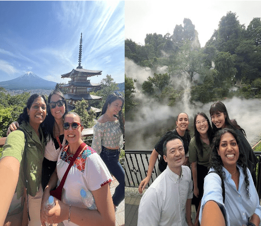 Photos of IBD members in Japan (photos titled: Mastering the 0.5 selfie in Japan (1: Chureito Pagoda, Mt. Fuji; 2: Sea of Clouds at Hotel Chinzanso, Tokyo)