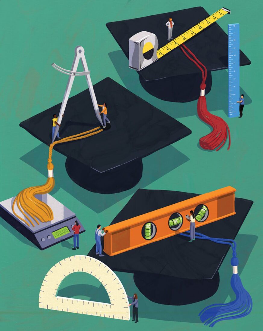 Illustration showing three mortarboards with measuring tools, including a tape measure, compass, scale, protractor, and level.